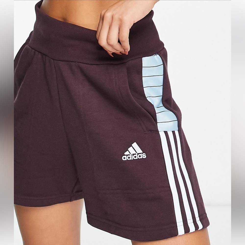 Adidas Football Tiro striped side panel shorts in burgundy red & light blue 🩵